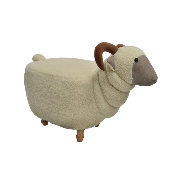 Ottoman Sheep Shape Wooden Ottoman with Fabric Upholstery, Cream and Brown Benzara