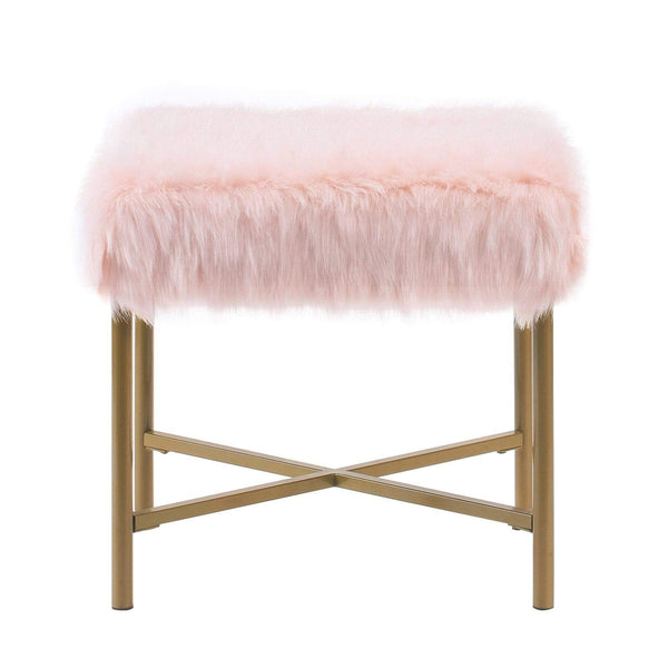 Ottoman Square Faux Fur Upholstered Ottoman with Tubular Metal Legs and X Shape Base, Pink and Gold Benzara