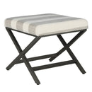 Ottoman Stripe Pattern Fabric Upholstered Ottoman with X Shape Metal Legs, Cream and Gray Benzara