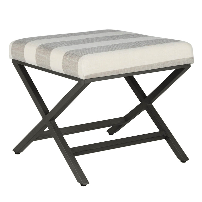 Ottoman Stripe Pattern Fabric Upholstered Ottoman with X Shape Metal Legs, Cream and Gray Benzara