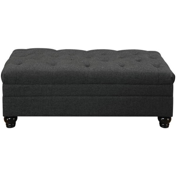 Transitional Linen & Wood Ottoman With Tufted Design, Gray