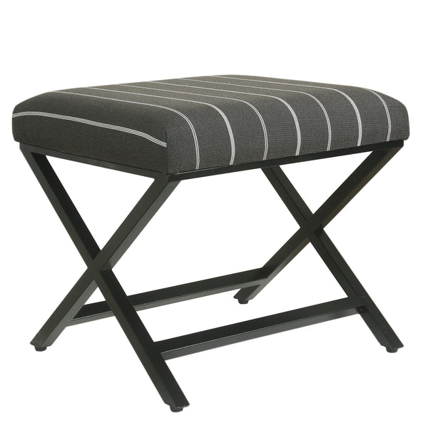 Ottoman Vertical Stripe Pattern Fabric Upholstered Ottoman with X Shape Metal Legs, Gray and Black Benzara