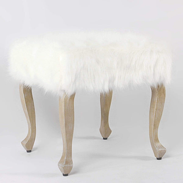 Wooden Ottoman with Faux Fur Upholstered Seat and Cabriole Legs, White and Brown