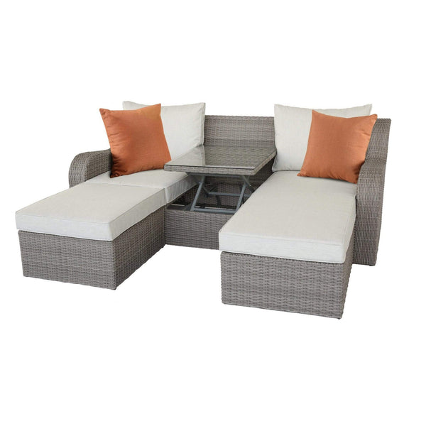 Ottomans Grey Ottoman - 82" X 36" X 30" 3Pc Beige Fabric And Gray Wicker Patio Sectional And Ottoman Set HomeRoots