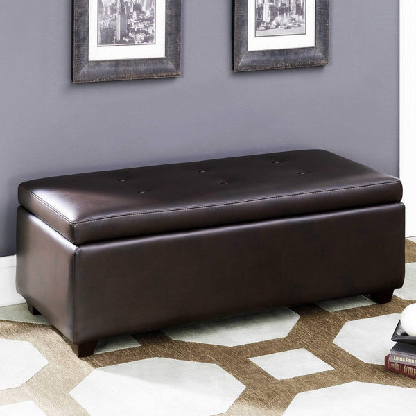 Ottomans Leather Ottoman - 17" High Brown Leather-Infused Fabric Contemporary Button Tufted Storage Ottoman HomeRoots