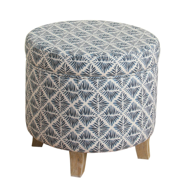 Ottomans Round Shaped Fabric Upholstered Wooden Ottoman with Lift Off Lid Storage, Blue and White Benzara