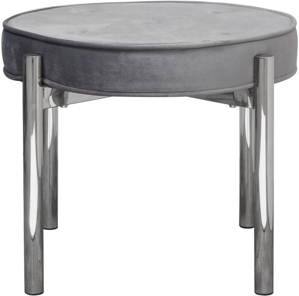 Ottomans Velvet Upholstered Modern Round Accent Ottoman with Metal Frame, Gray and Chrome Benzara