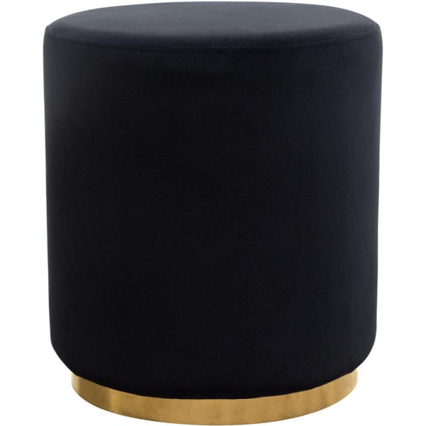 Ottomans Velvet Upholstered Round Accent Ottoman with Metal Base, Black and Gold Benzara