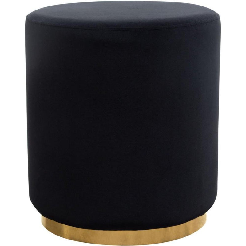 Ottomans Velvet Upholstered Round Accent Ottoman with Metal Base, Black and Gold Benzara