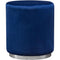 Ottomans Velvet Upholstered Round Accent Ottoman with Metal Base, Blue and Chrome Benzara