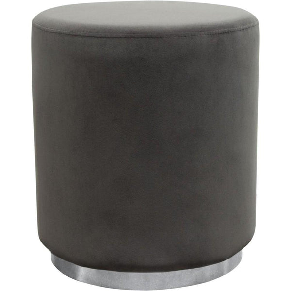 Ottomans Velvet Upholstered Round Accent Ottoman with Metal Base, Gray and Chrome Benzara