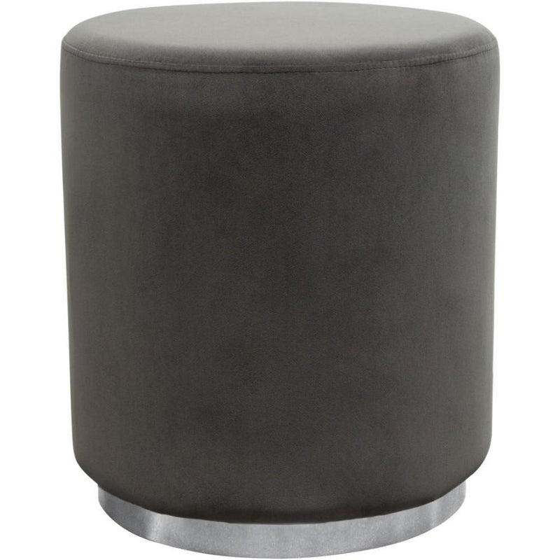 Ottomans Velvet Upholstered Round Accent Ottoman with Metal Base, Gray and Chrome Benzara