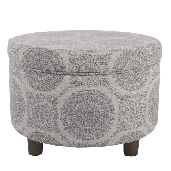 Wooden Ottoman with Medallion Patterned Fabric Upholstery and Hidden Storage, Gray