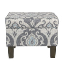 Wooden Ottoman with Patterned Fabric Upholstery and Hidden Storage, Gray and Blue