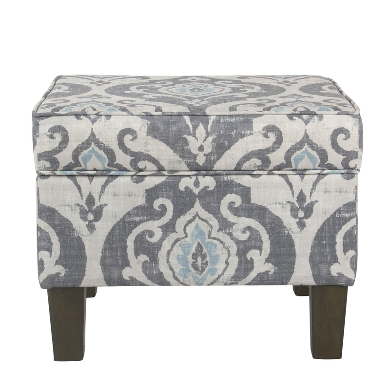 Wooden Ottoman with Patterned Fabric Upholstery and Hidden Storage, Gray and Blue