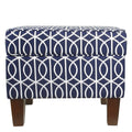 Wooden Ottoman with Trellis Patterned Fabric Upholstery and Hidden Storage, Blue and White