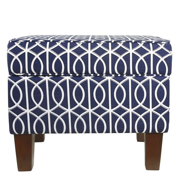 Wooden Ottoman with Trellis Patterned Fabric Upholstery and Hidden Storage, Blue and White