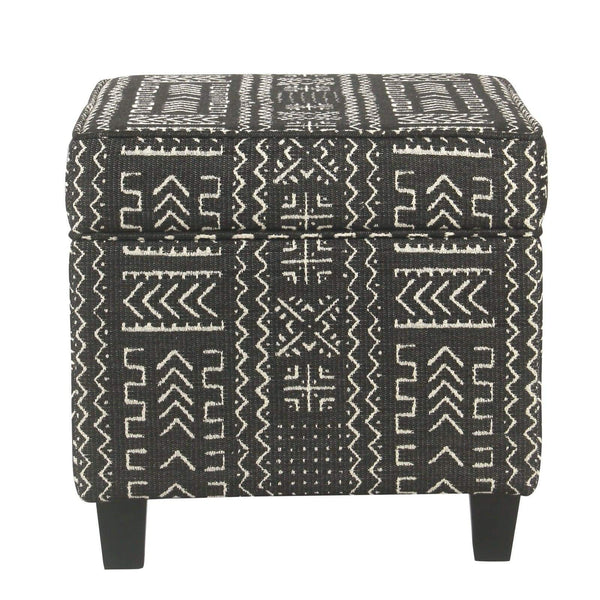 Wooden Ottoman with Tribal Patterned Fabric Upholstery and Hidden Storage, Black and White