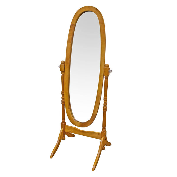 Oval Shape Cheval Floor Mirror with Wooden Support and Crystal Knobs, Oak Brown