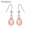 PAG&MAG Hot Sale Charming 925 Sterling Silver Geometric CZ Paved Freshwater Pearl Drop Earring For Women Classic Party Gift AExp