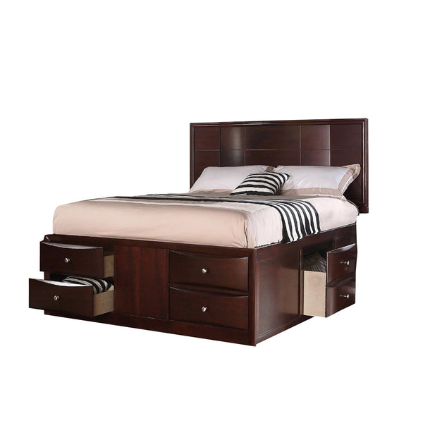 Panel Beds Queen Bed With 6 Under Bed Drawers, Espresso Finish Benzara