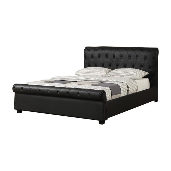 Panel Beds Queen Button Tufted Bed With Rolled HB And FB In Faux Leather, Black Benzara
