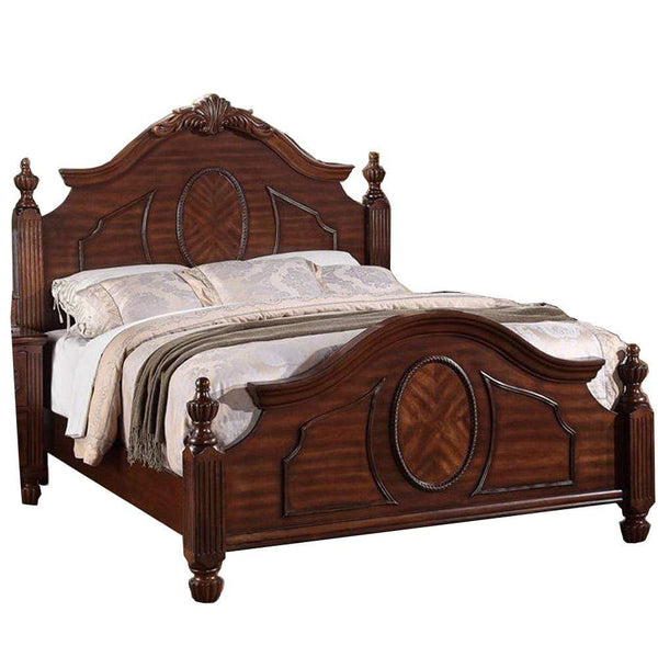 Wooden Cal.King Bed With Circular Floral Design, Cherry Finish