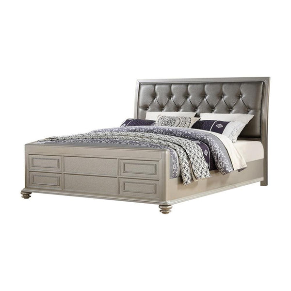 Wooden Cal.King Bed With Shinny Gray PU-HB, Silver Finish