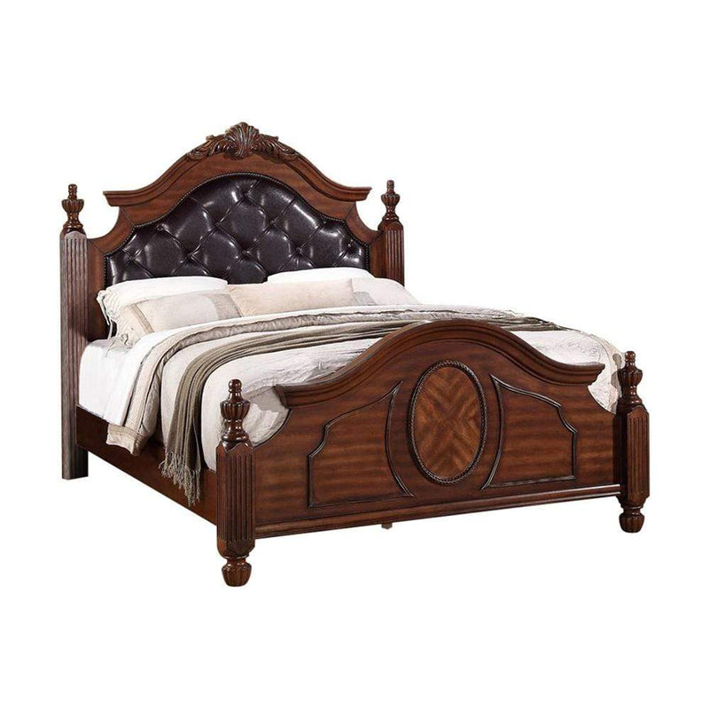 Wooden E.King Bed With PU-HB & Circular Floral Design, Cherry Finish