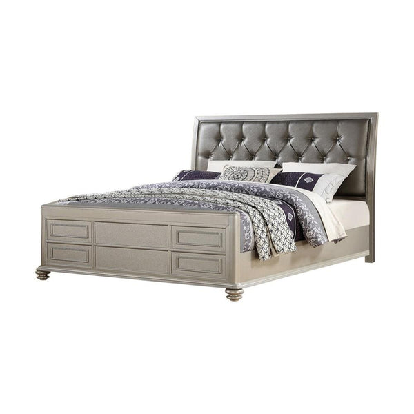 Wooden E.King Bed With Shinny Gray PU-HB, Silver Finish