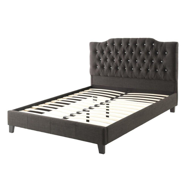 Wooden Full Bed With Polyfiber Tufted Head Board, Ash Black