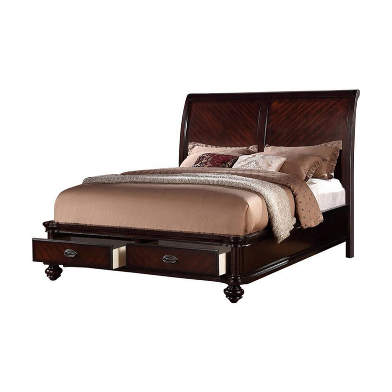 Wooden Queen Bed With 2 Under Bed Drawers, Smooth Cherry Finish