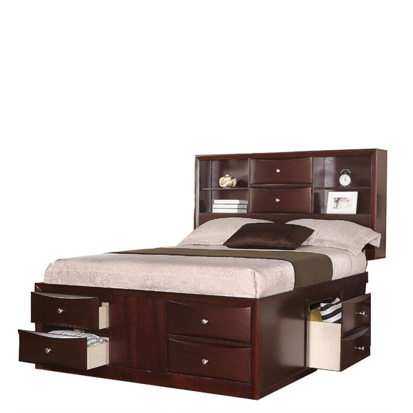 Wooden Queen Bed With Display Shelves & Under Bed Drawers,Dark Brown