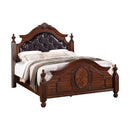 Wooden Queen Bed With PU-HB & Circular Floral Design, Cherry Finish