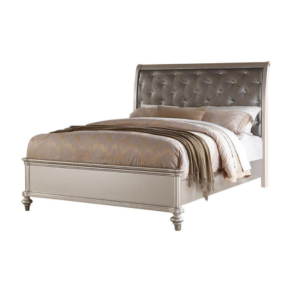 Wooden Queen Bed With Silver PU Tufted HB, Shinny Silver Finish