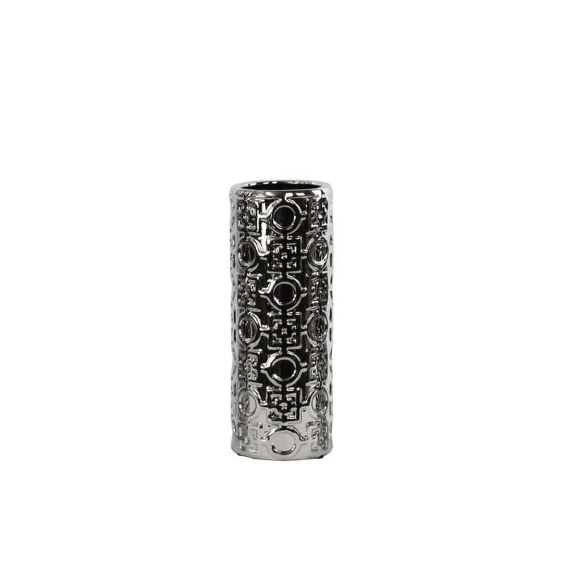 Patterned Ceramic Vase In Cylindrical Shape, Silver-Vases-Silver-Ceramic-Chrome Finish-JadeMoghul Inc.