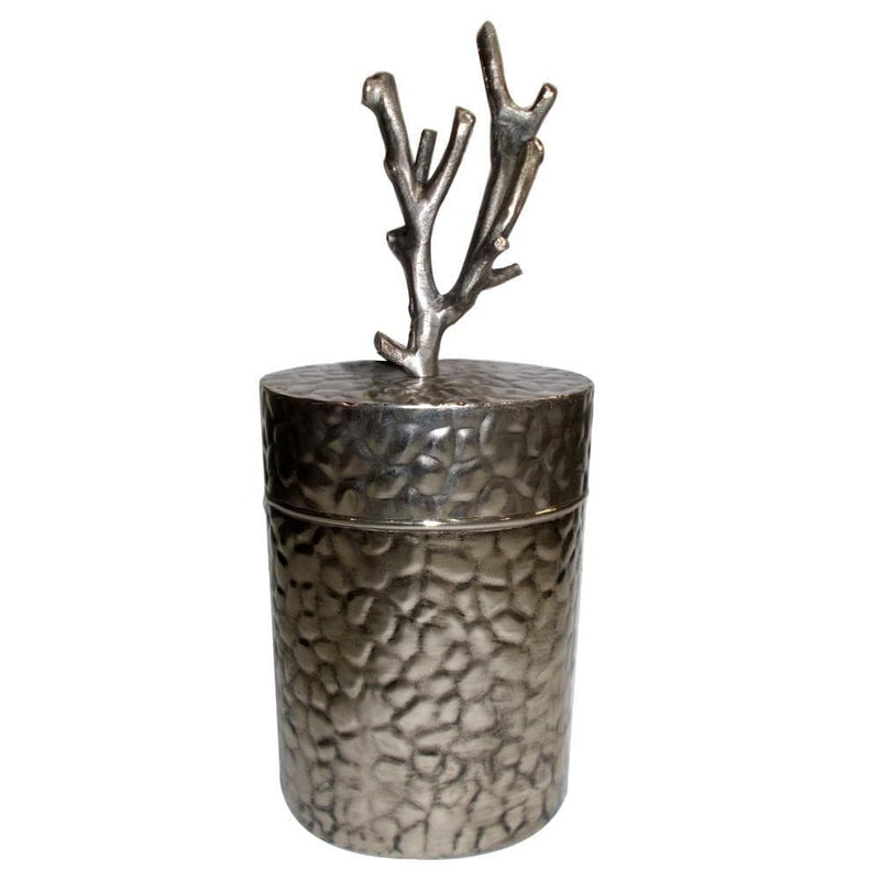 Patterned Metal Lidded Jar With Tree Branch Top, Silver-Jars-Silver-Metal-JadeMoghul Inc.