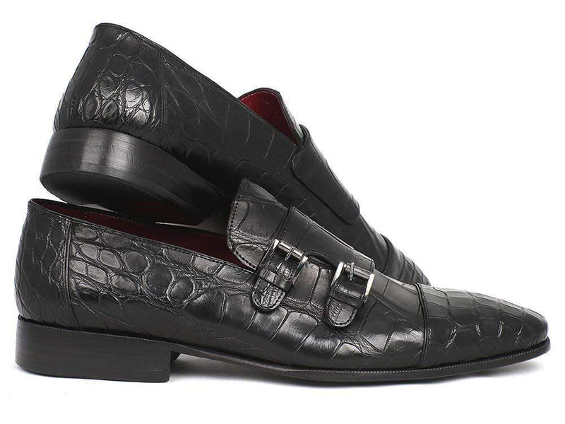 Paul Parkman (FREE Shipping) Genuine Crocodile Black Double Monkstraps (ID