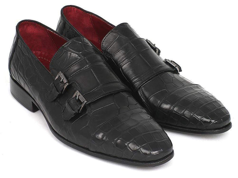 Paul Parkman (FREE Shipping) Genuine Crocodile Black Double Monkstraps (ID