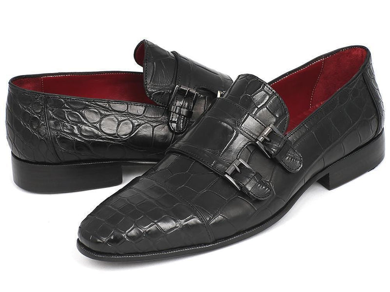 Paul Parkman (FREE Shipping) Genuine Crocodile Black Double Monkstraps (ID