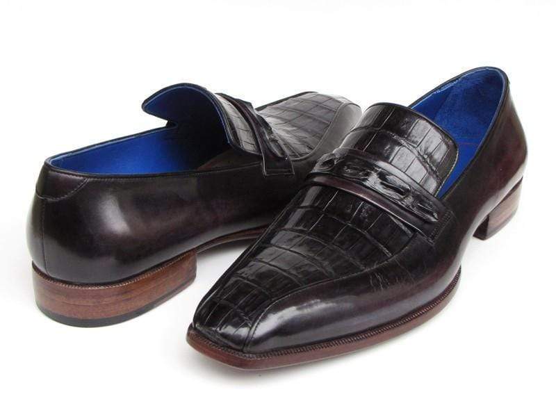 Paul Parkman (FREE Shipping) Men's Black Genuine Crocodile & Purple Calfskin Loafers (ID