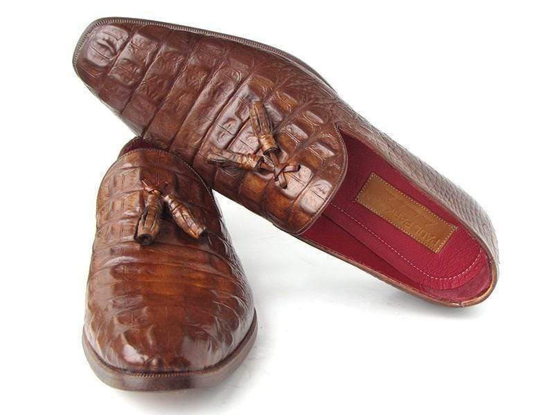 Paul Parkman (FREE Shipping) Men's Brown Crocodile Embossed Calfskin Tassel Loafers (ID