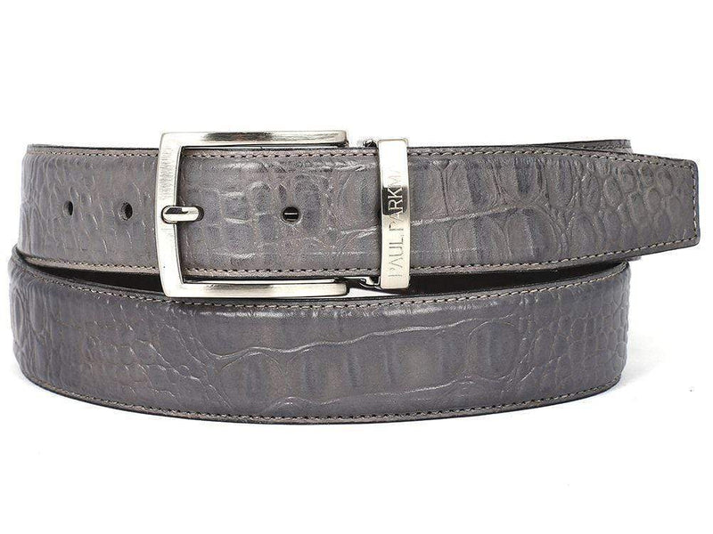 Paul Parkman (FREE Shipping) Men's Crocodile Embossed Calfskin Leather Belt Hand-Painted Gray (ID