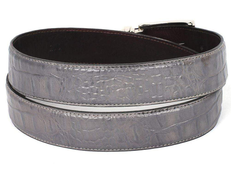 Paul Parkman (FREE Shipping) Men's Crocodile Embossed Calfskin Leather Belt Hand-Painted Gray (ID