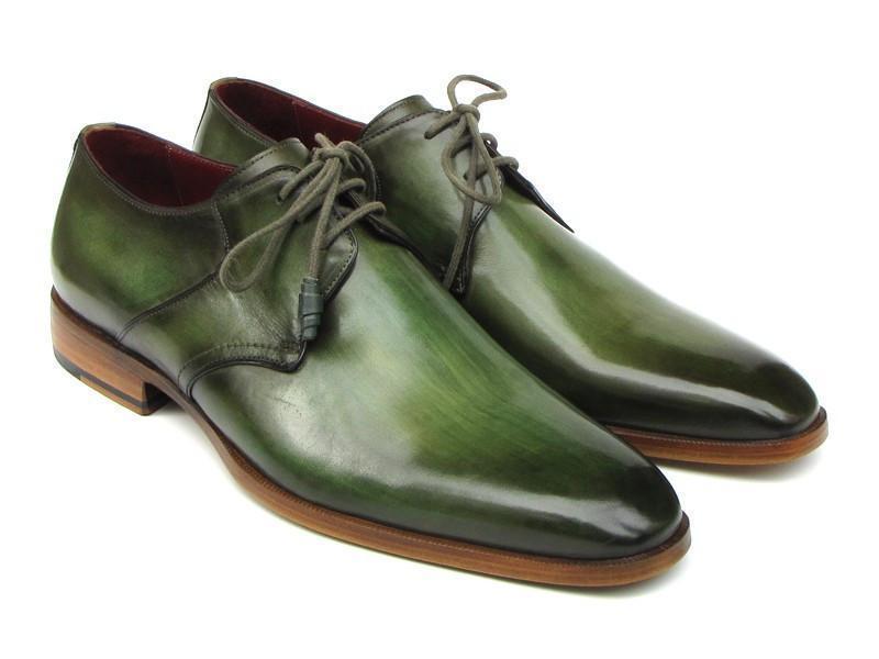 Paul Parkman (FREE Shipping) Men's Green Hand-Painted Derby Shoes Leather Upper and Leather Sole (ID