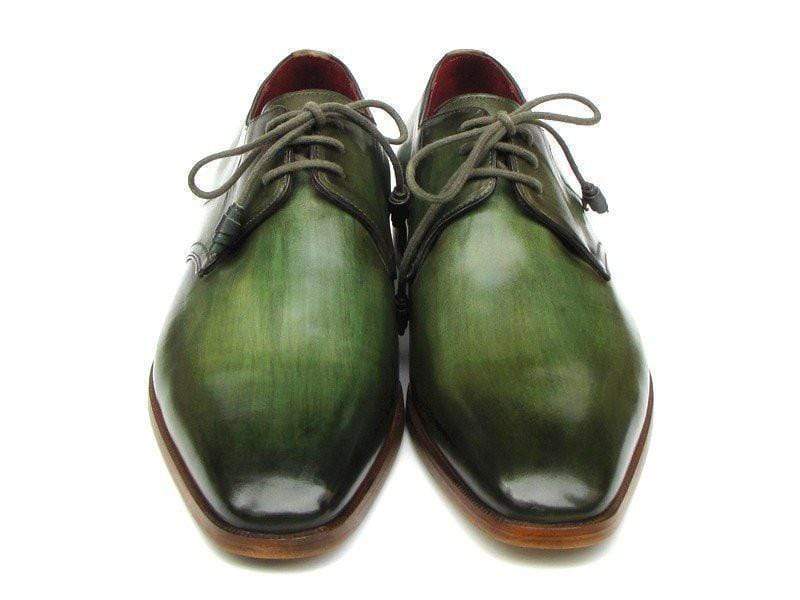 Paul Parkman (FREE Shipping) Men's Green Hand-Painted Derby Shoes Leather Upper and Leather Sole (ID