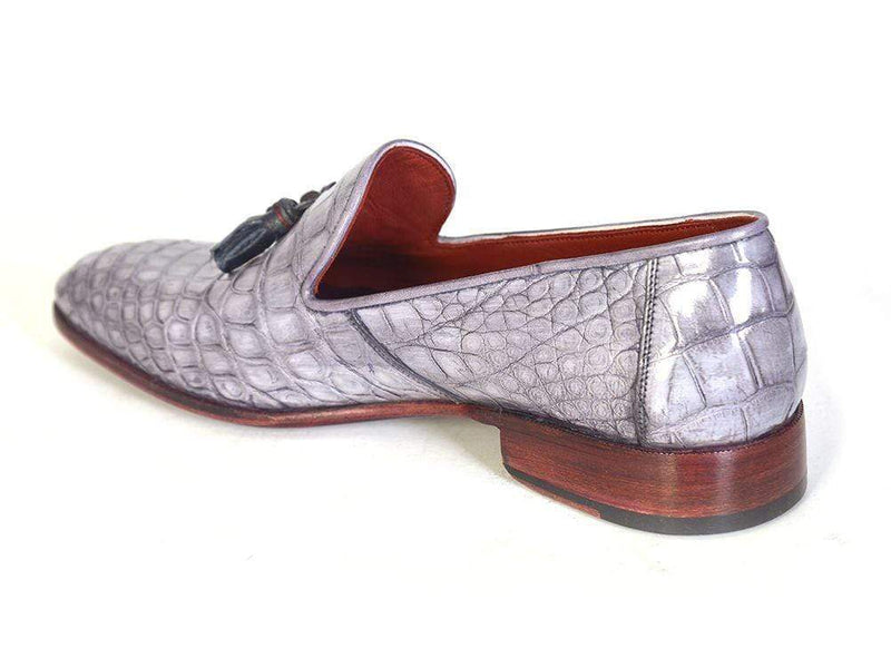 Paul Parkman (FREE Shipping) Men's Grey Genuine Crocodile Tassel Loafers (ID