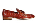 Paul Parkman (FREE Shipping) Men's Reddish Camel Crocodile Embossed Calfskin Tassel Loafers (ID