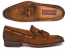 Paul Parkman (FREE Shipping) Men's Tassel Loafers Brown Antique Suede Shoes (ID