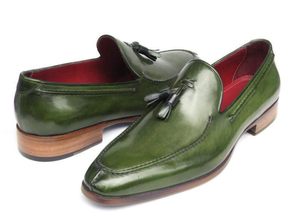 Paul Parkman (FREE Shipping) Men's Tassel Loafers Green Hand Painted Leather (ID#083-GREEN) PAUL PARKMAN